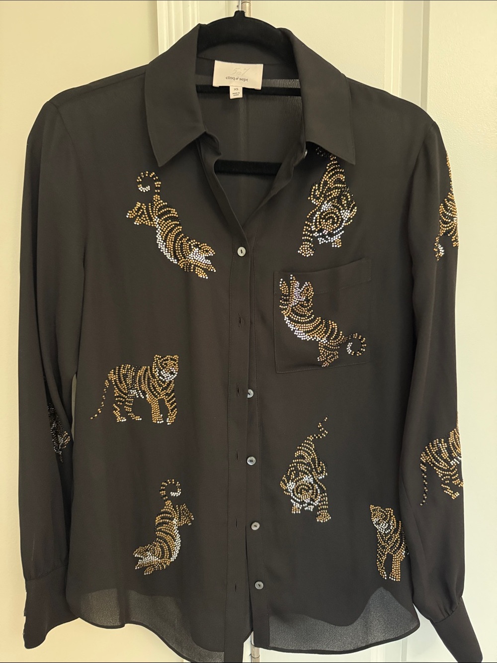 Cinq a sept Black Silk Shirt with Gold and Silver Stud Tigers